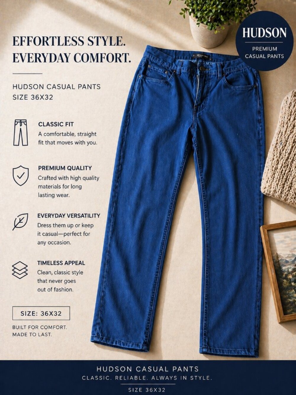 Hudson Jeans Men’s 36x32 Casual Pants – Slim Straight Fit Blue Denim